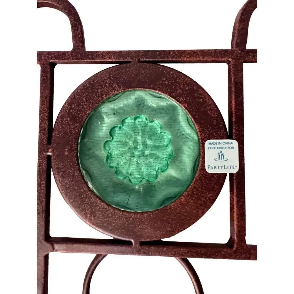 Vintage Wall Hanging Metal 3 Light Votive Candle Holder Green Glass 16” - Picture 3 of 8